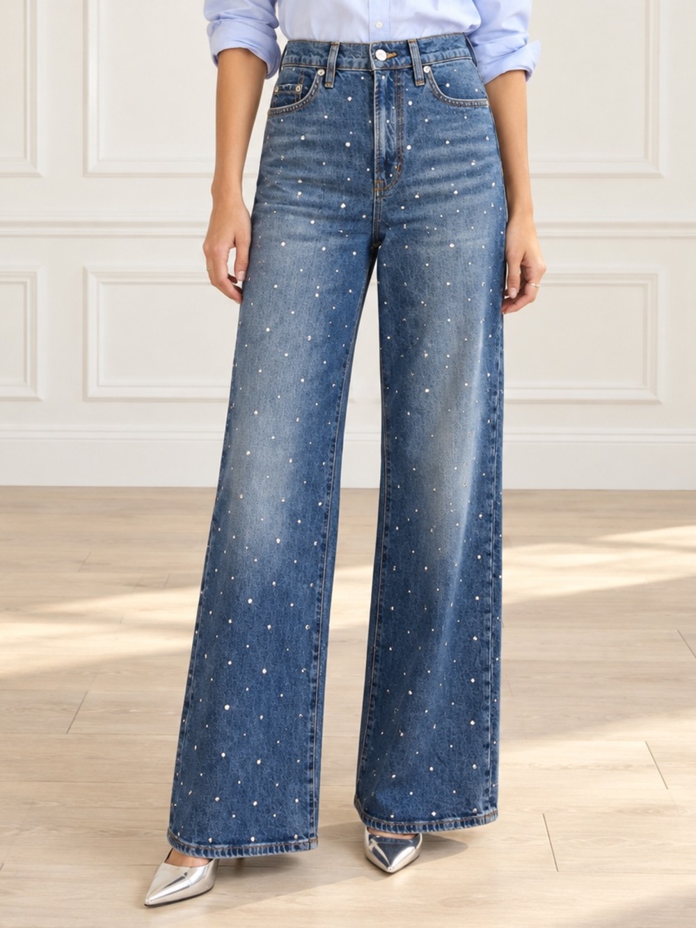 Maje Studded Wide Leg Jeans US Size 2 Medium Wash Blue High Rise Denim